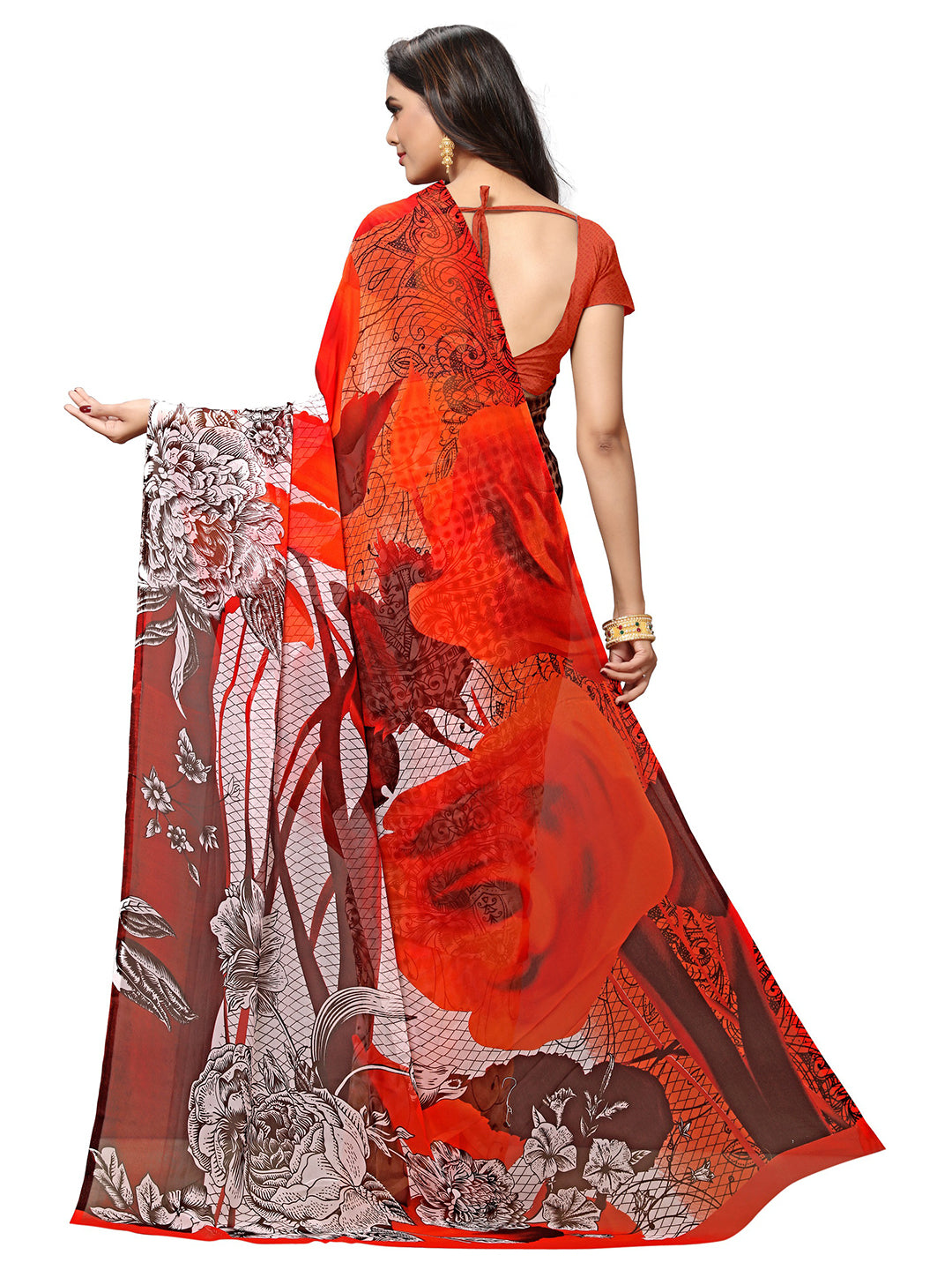 Women's Red Georgette Printed Saree - Ahika