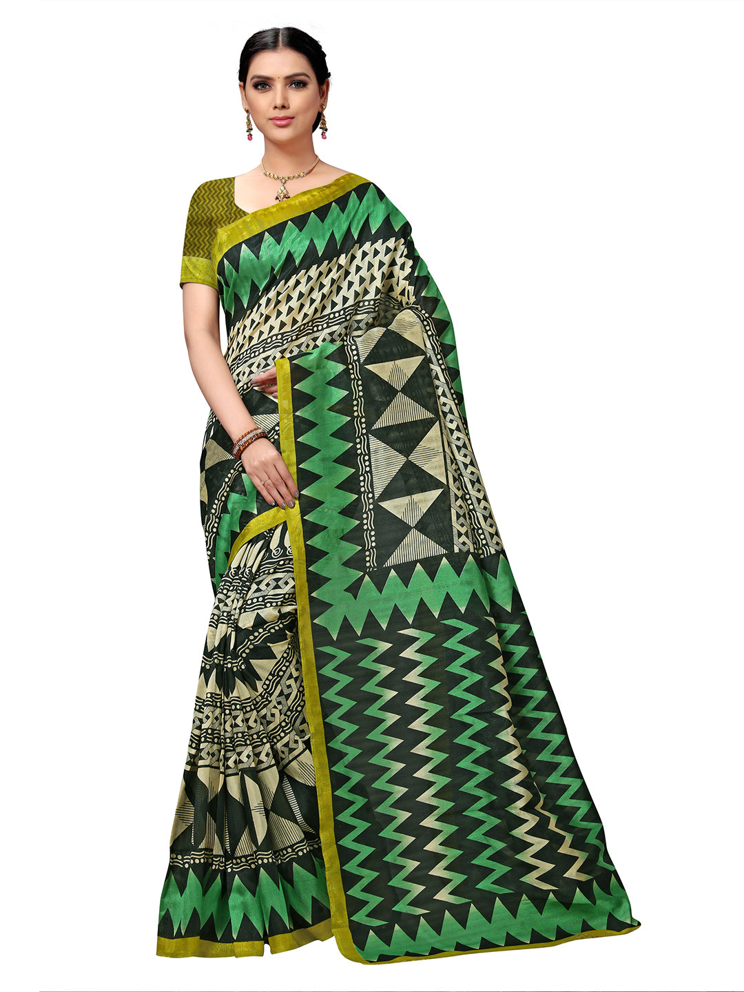 Women's Green Tussar Silk Printed Saree - Ahika