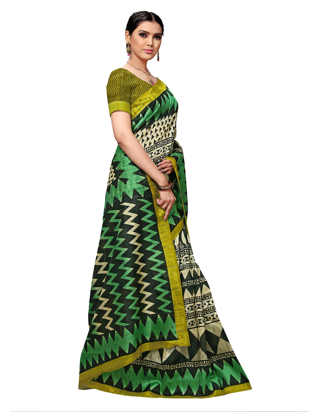Women's Green Tussar Silk Printed Saree - Ahika