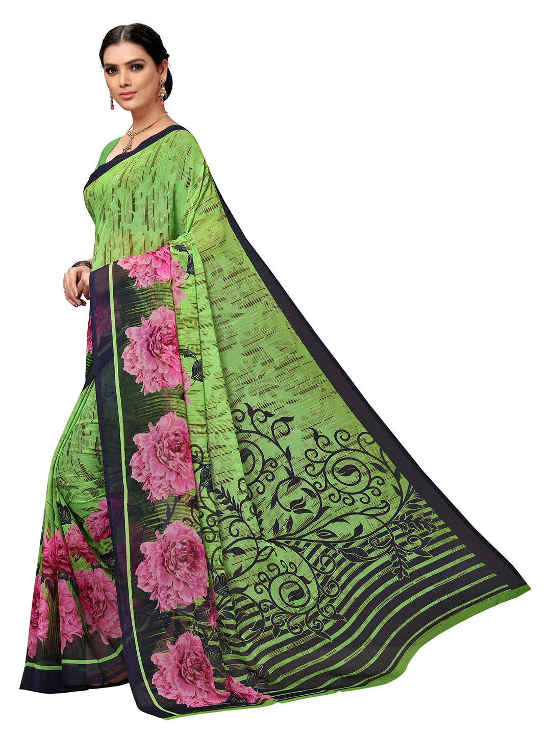 Women's Green Georgette Printed Saree - Ahika