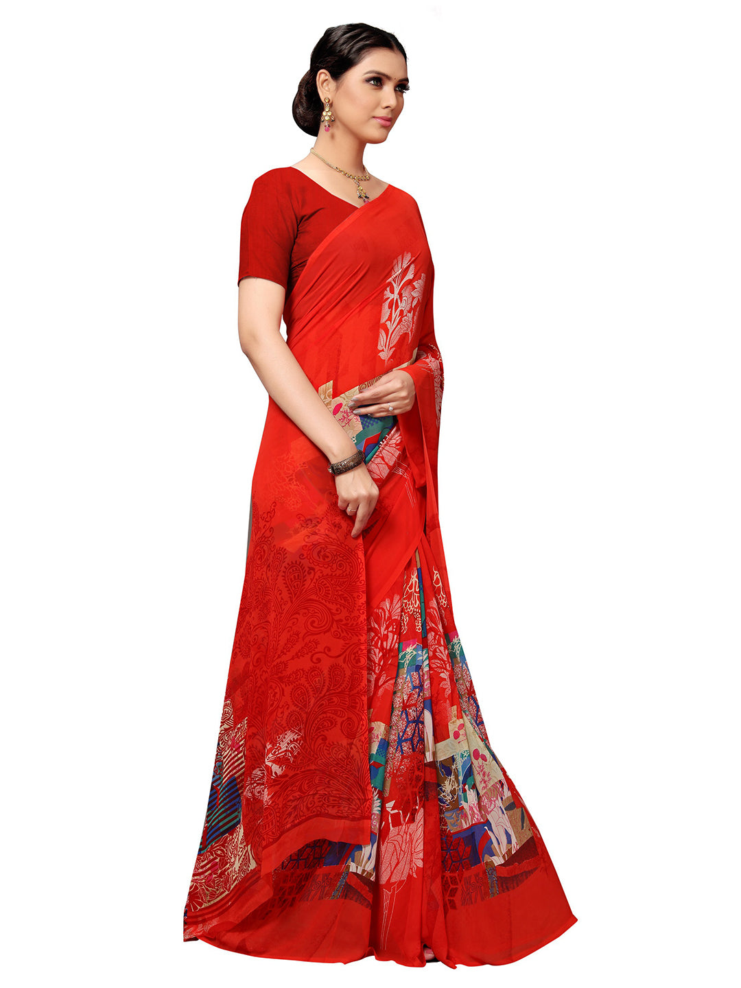 Women's Red Georgette Printed Saree - Ahika