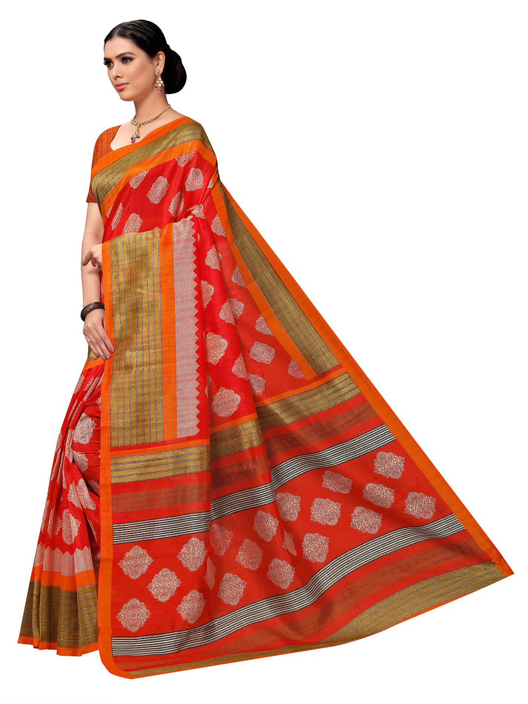 Women's Orange Tussar Silk Printed Saree - Ahika