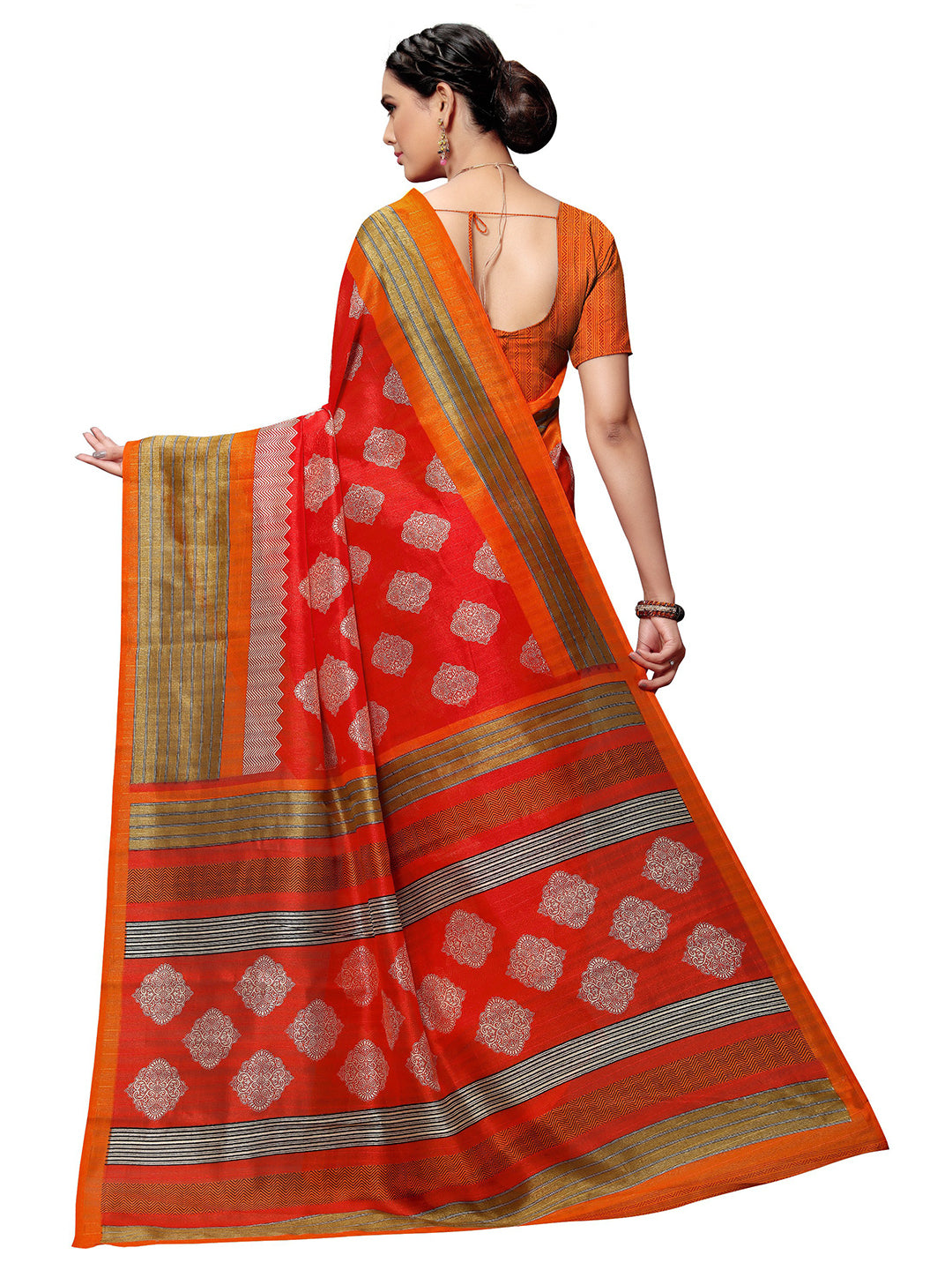 Women's Orange Tussar Silk Printed Saree - Ahika