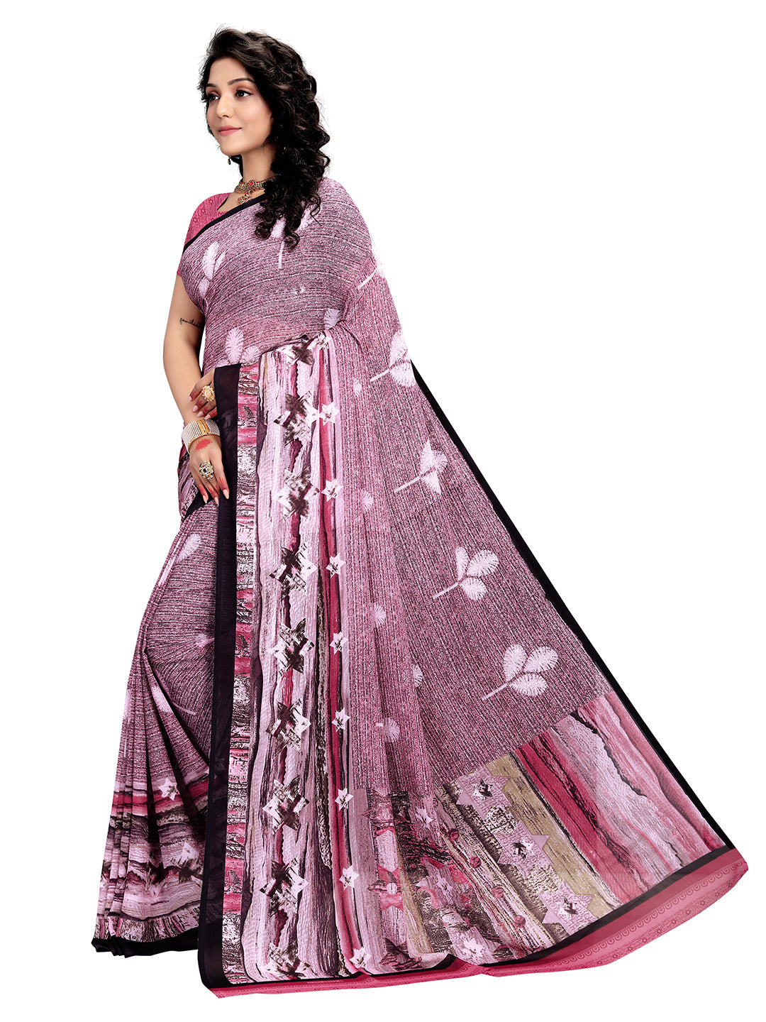 Women's Pink Georgette Printed Saree - Ahika