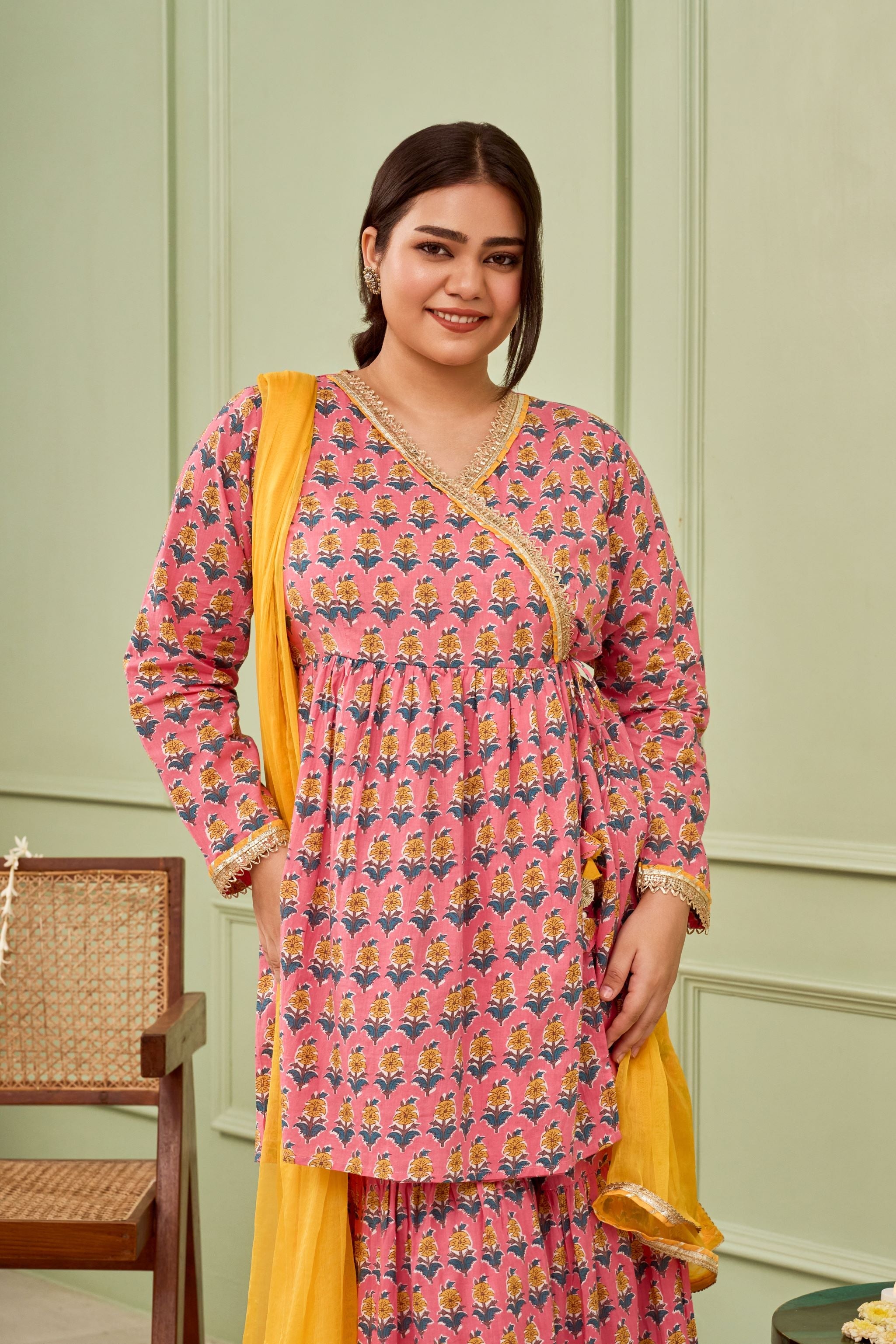 Women's Peach Booti Cotton Printed Sharara Set (Set Of 3) - Nangalia Ruchira