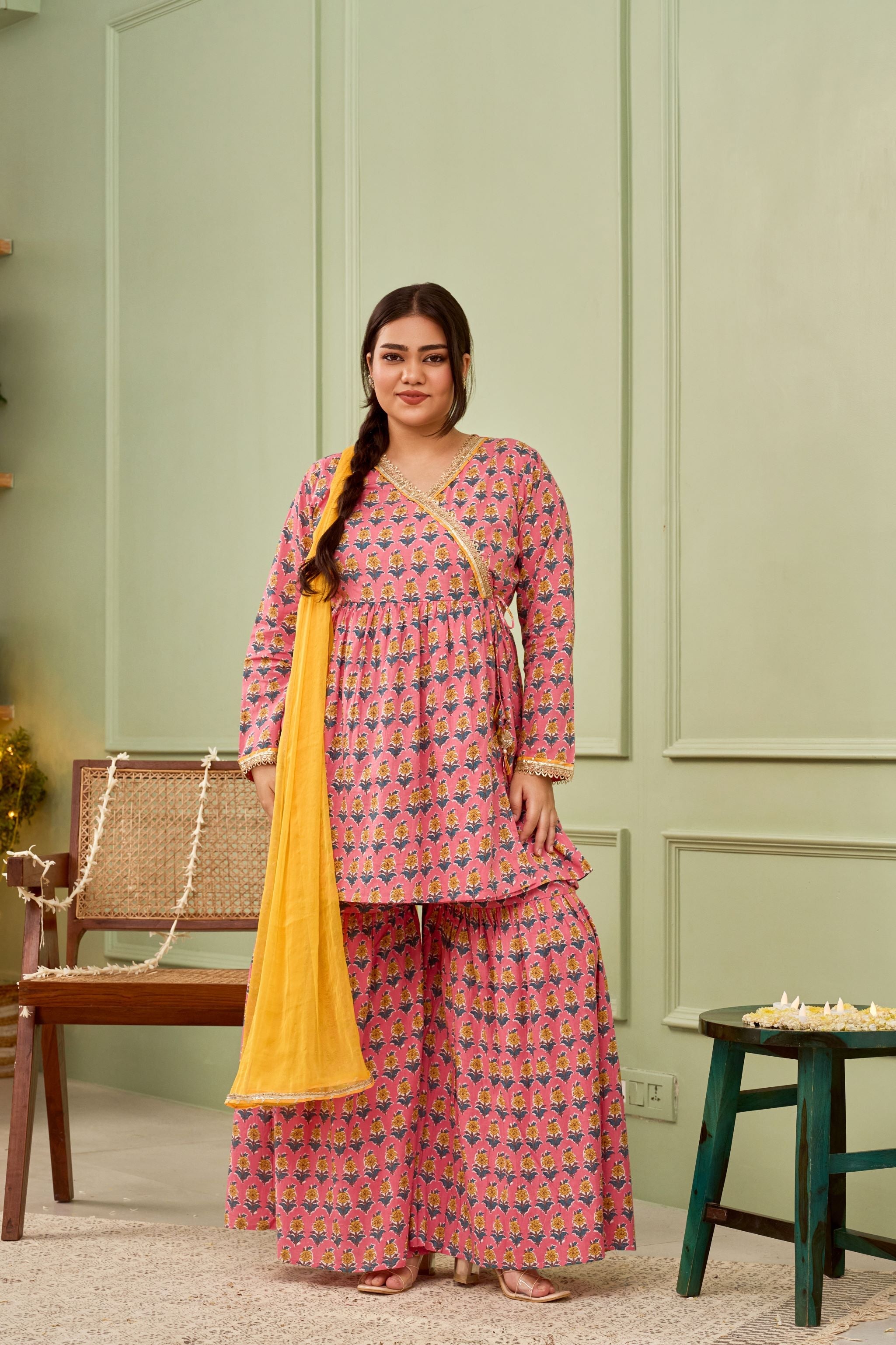 Women's Peach Booti Cotton Printed Sharara Set (Set Of 3) - Nangalia Ruchira
