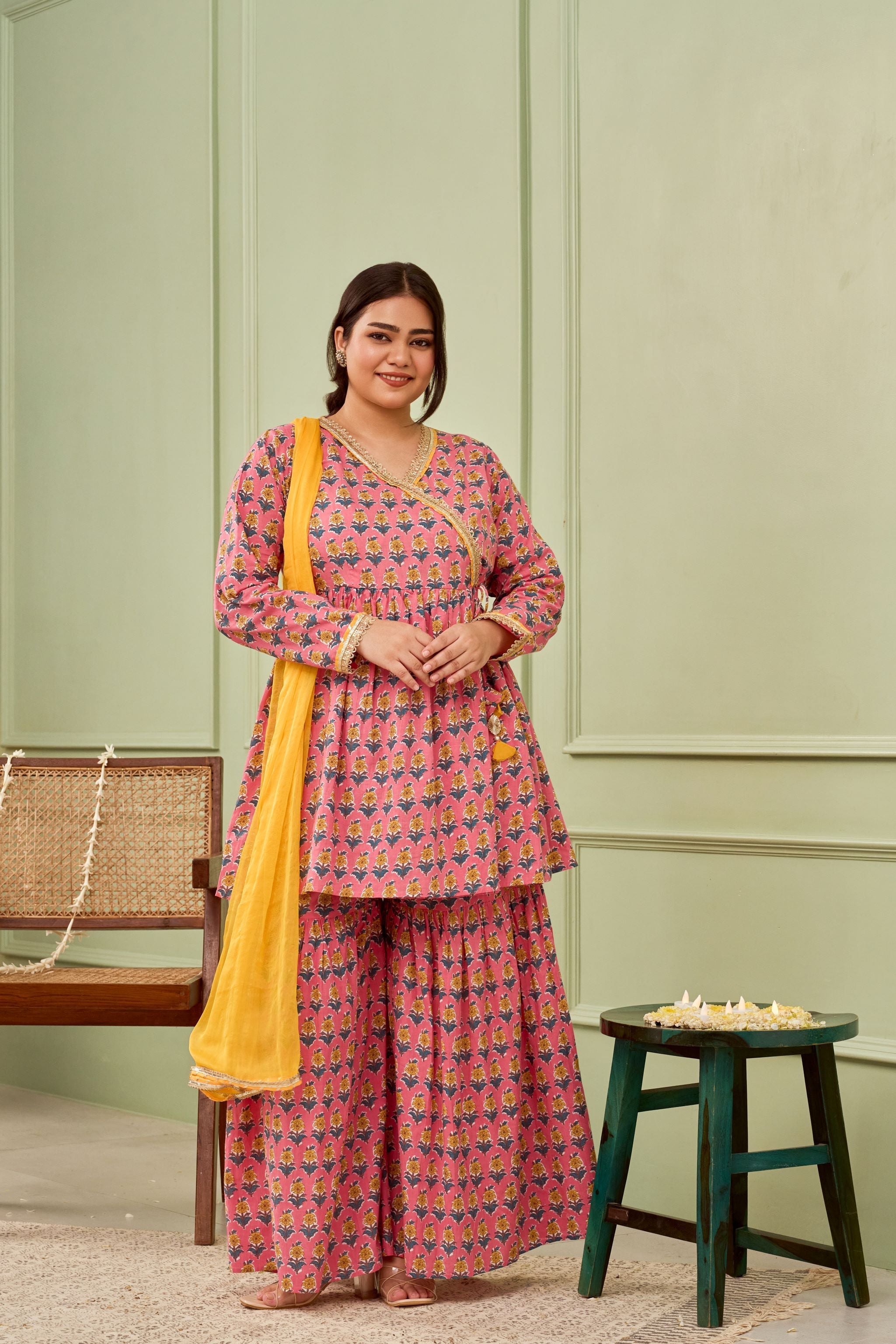 Women's Peach Booti Cotton Printed Sharara Set (Set Of 3) - Nangalia Ruchira
