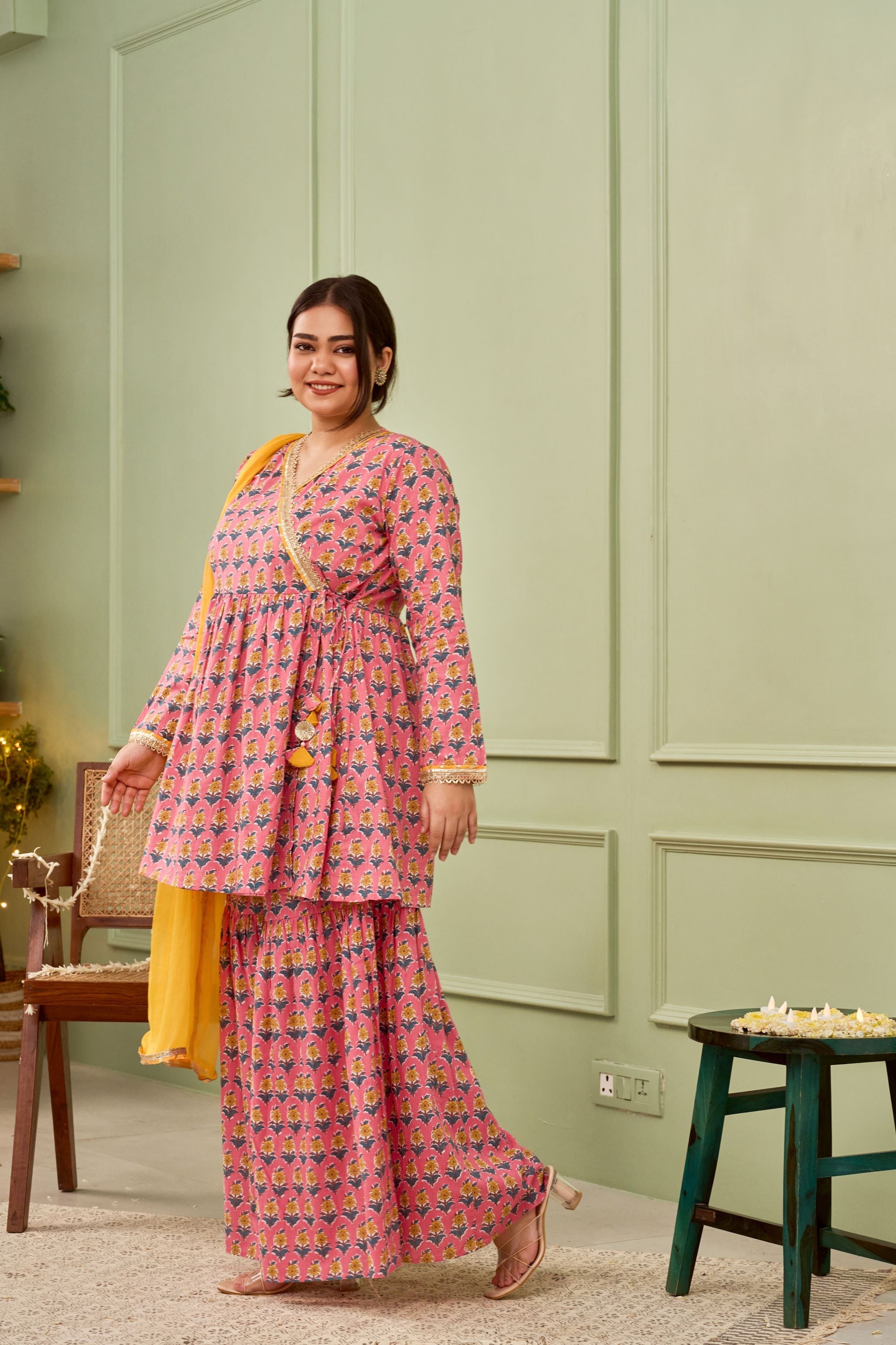Women's Peach Booti Cotton Printed Sharara Set (Set Of 3) - Nangalia Ruchira