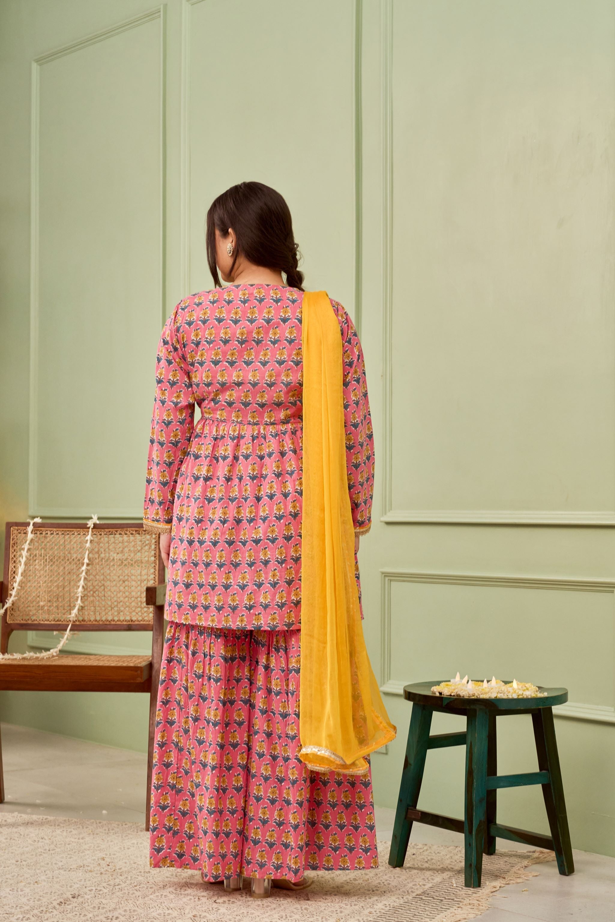 Women's Peach Booti Cotton Printed Sharara Set (Set Of 3) - Nangalia Ruchira