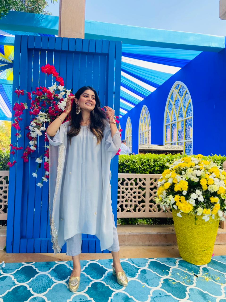 Women's Powder Blue Gold Embroidered Kaftan Set - Nangalia Ruchira