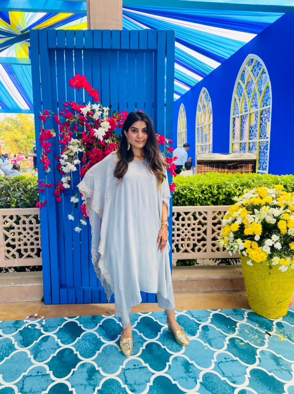 Women's Powder Blue Gold Embroidered Kaftan Set - Nangalia Ruchira