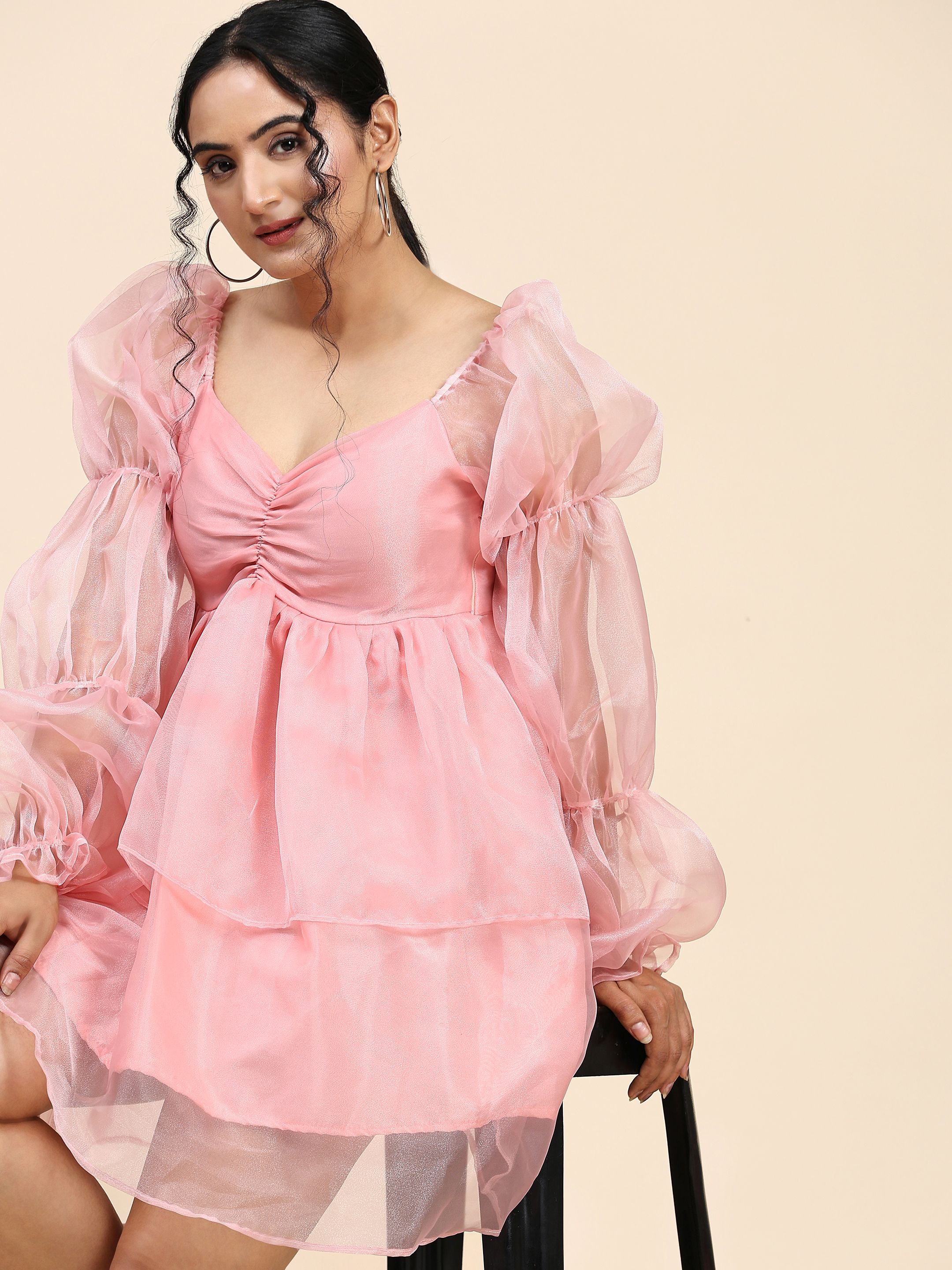 Women's Sweetheart Neck Puff Sleeves Fit Flare Dress Peach / L | Trendia Global Women's Sweetheart Neck Puff Sleeves Fit Flare Dress Peach / L | Trendia Global