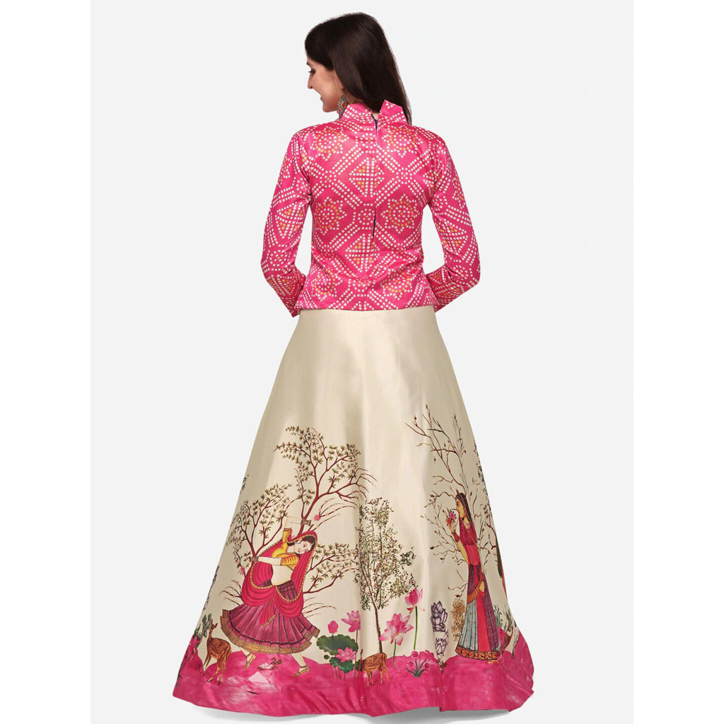 Women's Ethnic Motifs Digital Print Shiney Satin Croptop Lehenga Choli With Unstitched Blouse