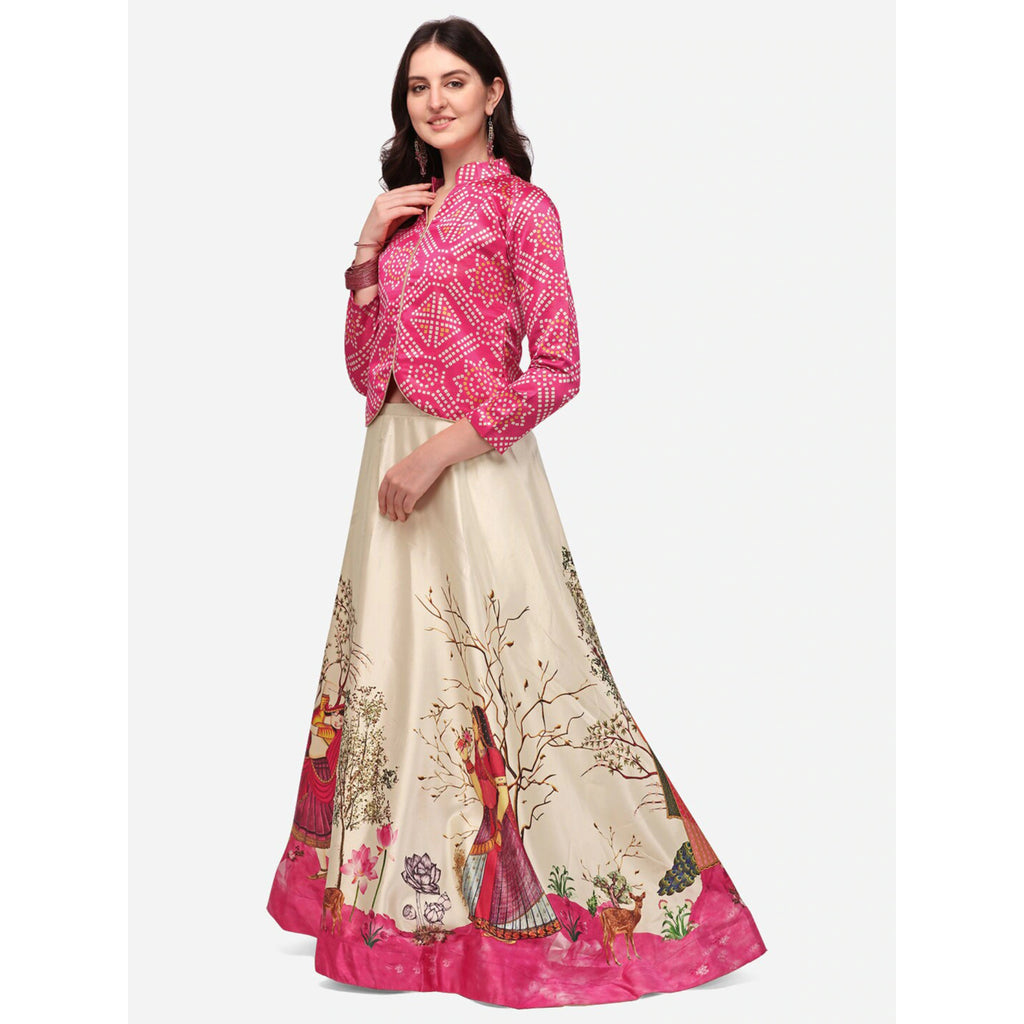 Women's Ethnic Motifs Digital Print Shiney Satin Croptop Lehenga Choli With Unstitched Blouse