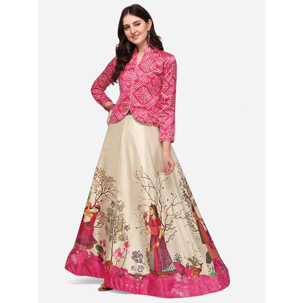 Women's Ethnic Motifs Digital Print Shiney Satin Croptop Lehenga Choli With Unstitched Blouse