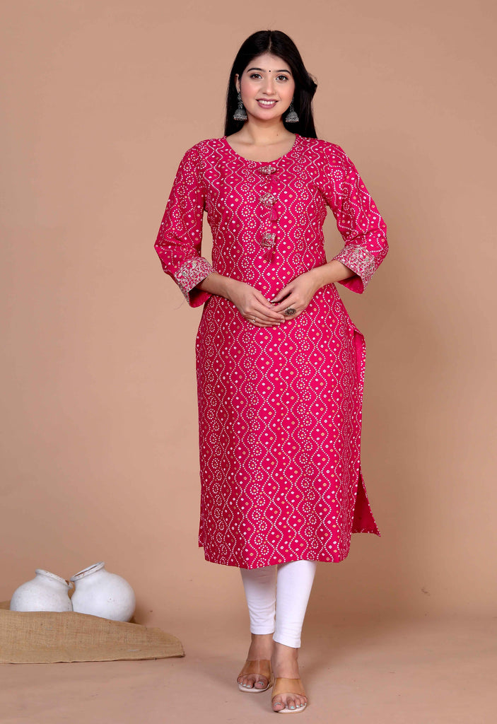 Women's Bandhani Printed Embroidered Straight Kurti