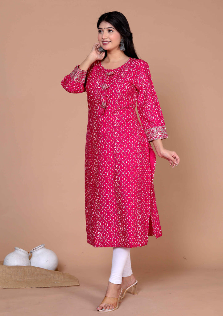 Women's Bandhani Printed Embroidered Straight Kurti