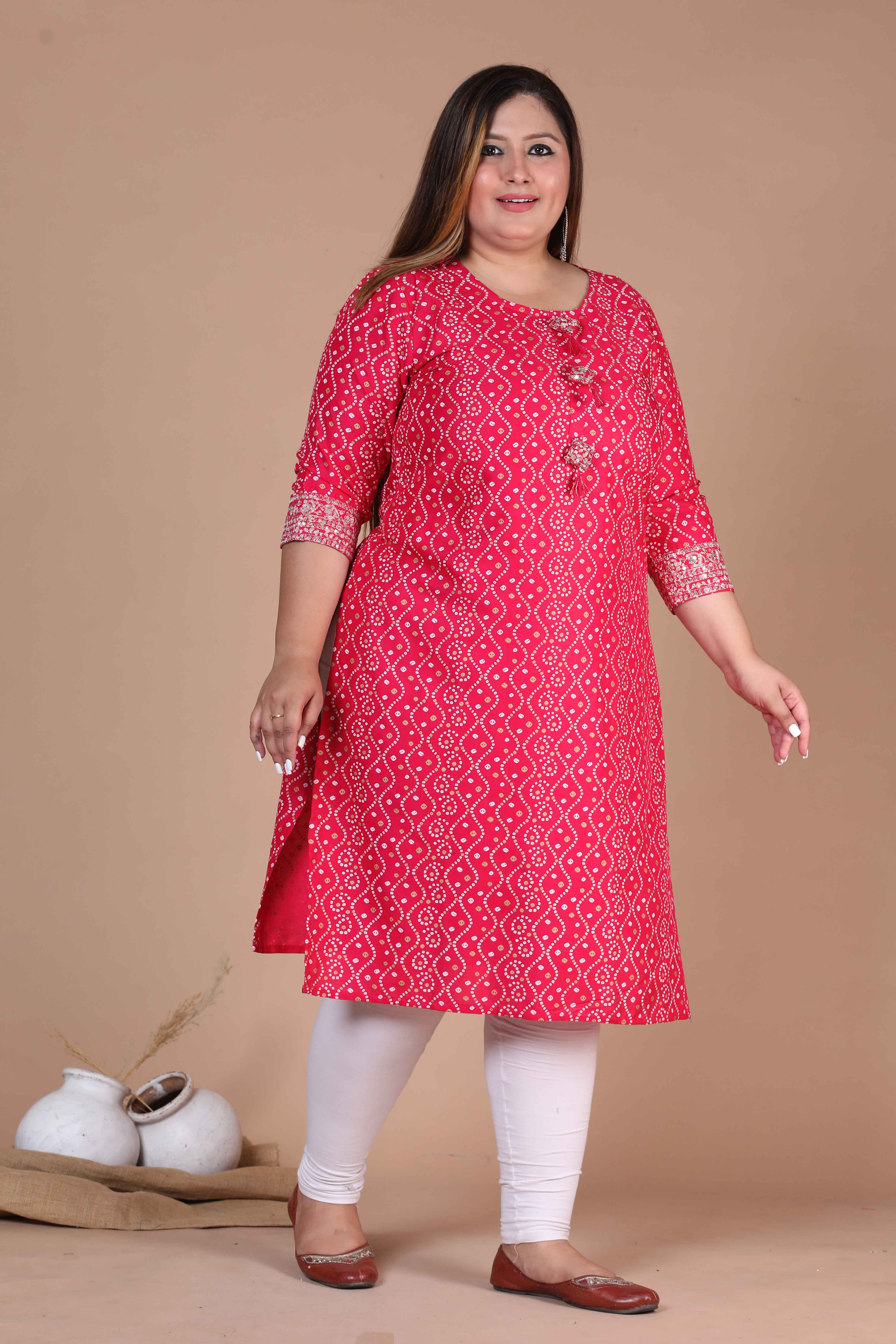 Women's Plus Size Pink Bandhani Pakistani Straight Kurti - Doriyaan