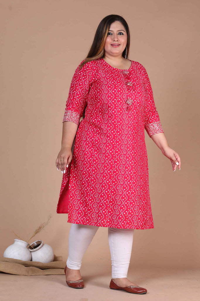 Women's Plus Size Pink Bandhani Straight Kurti