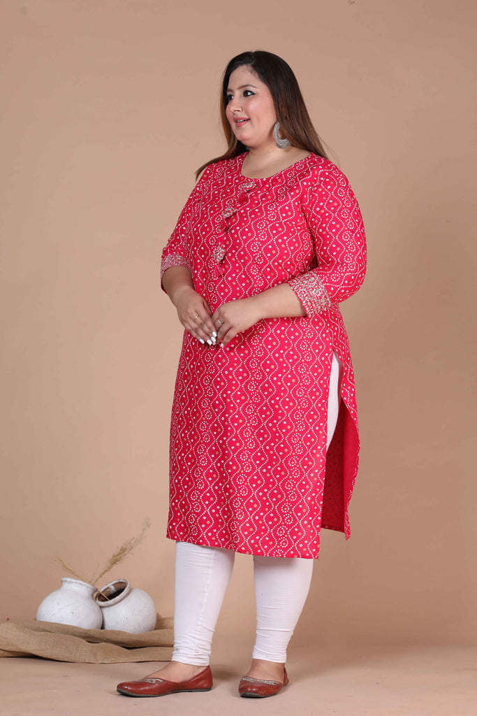 Women's Plus Size Pink Bandhani Straight Kurti