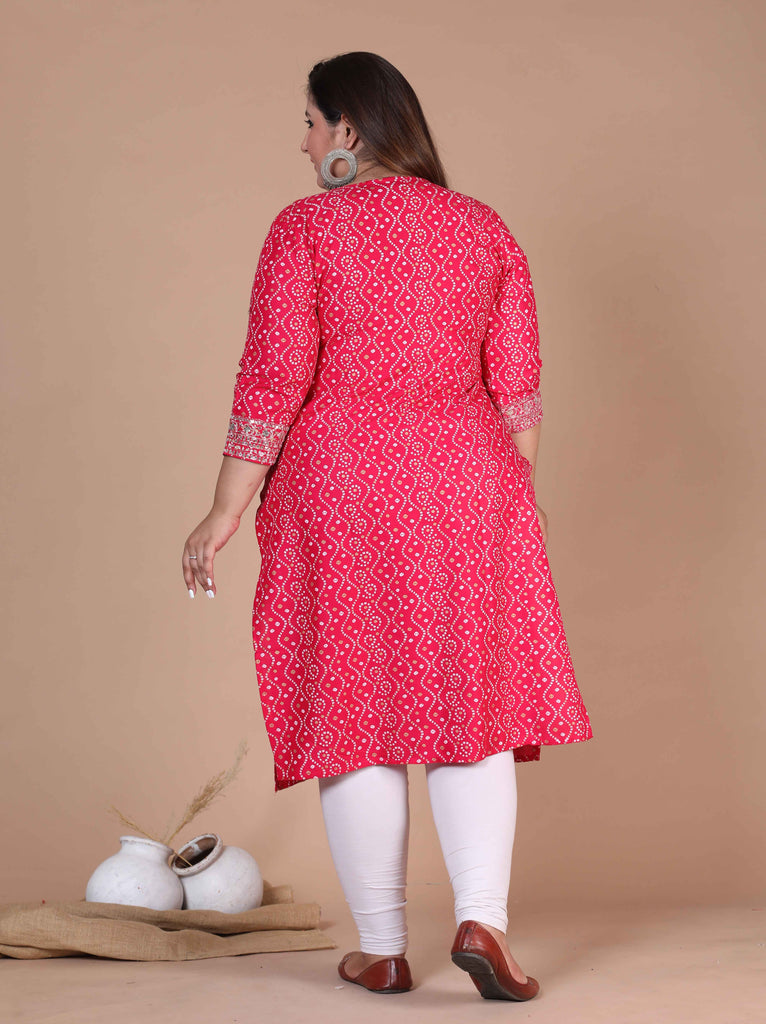 Women's Plus Size Pink Bandhani Straight Kurti