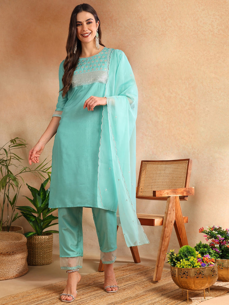Women's Poly Silk Embroiderd Kurta Pant Dupatta Set