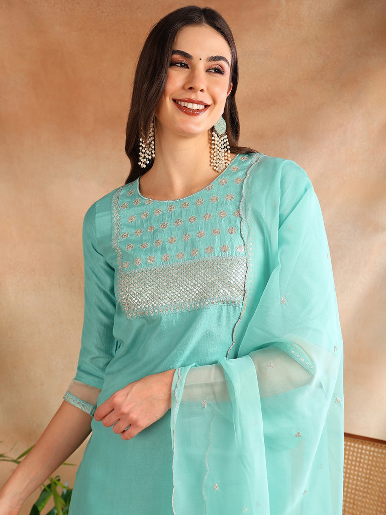 Women's Poly Silk Embroiderd Kurta Pant Dupatta Set