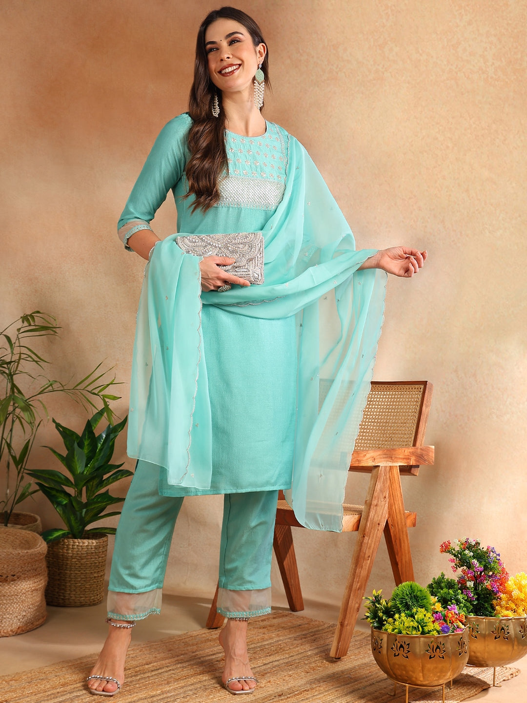 Women's Poly Silk Embroiderd Kurta Pant Dupatta Set - Ahika