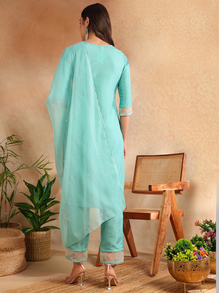 Women's Poly Silk Embroiderd Kurta Pant Dupatta Set