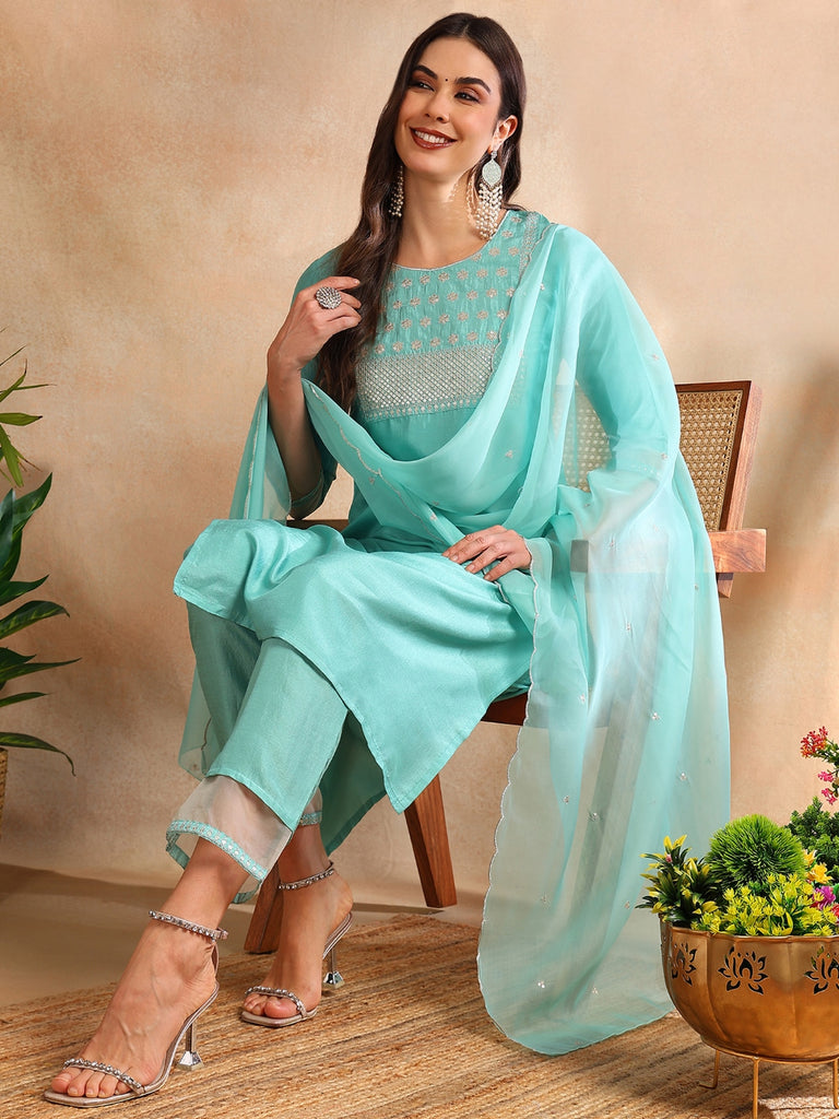 Women's Poly Silk Embroiderd Kurta Pant Dupatta Set