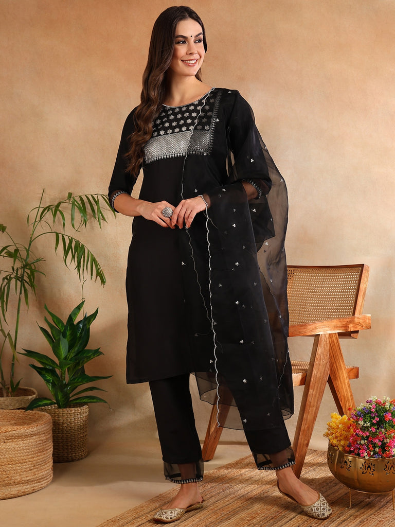 Women's Poly Silk Yoke Design Sequinned Kurta Pants With Dupatta