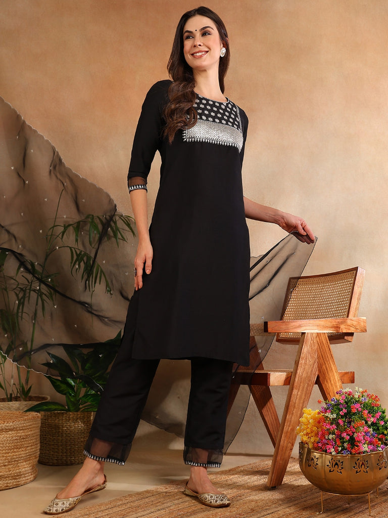 Women's Poly Silk Yoke Design Sequinned Kurta Pants With Dupatta