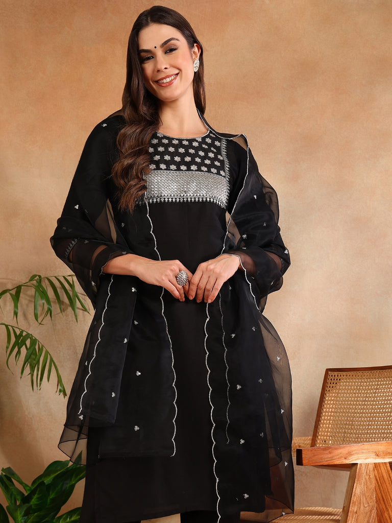 Women's Poly Silk Yoke Design Sequinned Kurta Pants With Dupatta