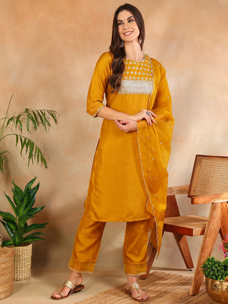 Women's Poly Silk Yoke Design Sequinned Kurta Pants With Dupatta
