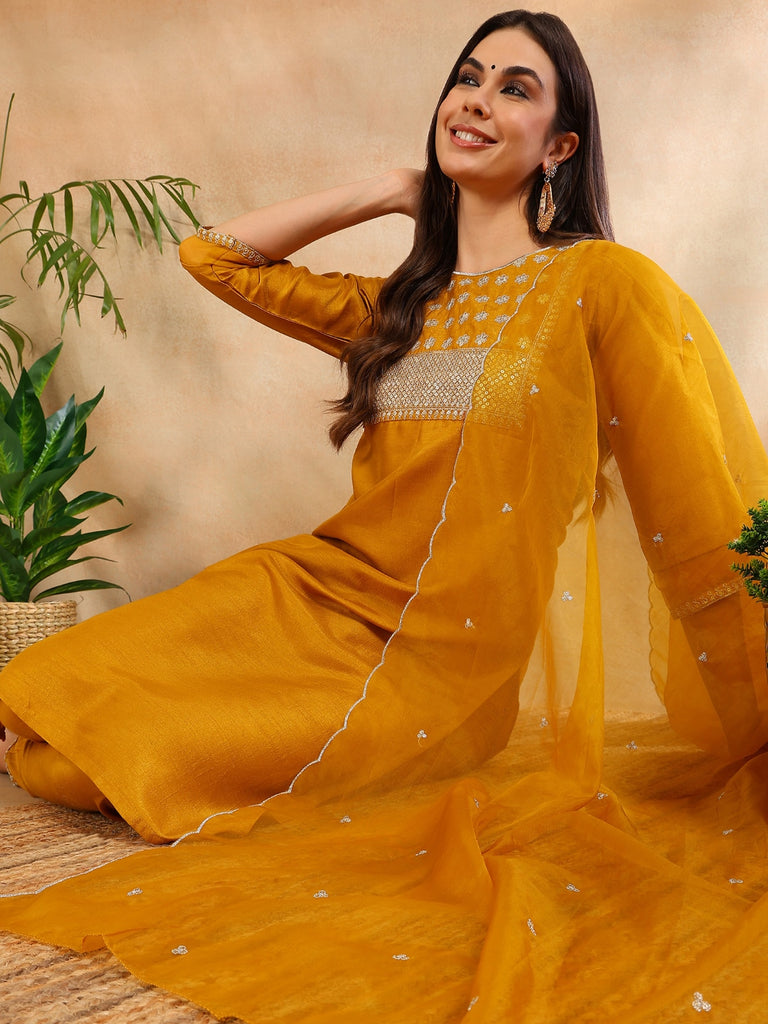 Women's Poly Silk Yoke Design Sequinned Kurta Pants With Dupatta