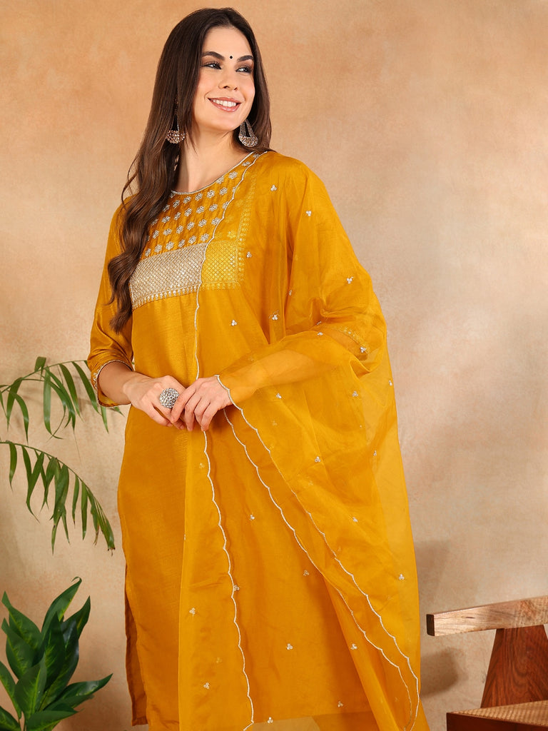 Women's Poly Silk Yoke Design Sequinned Kurta Pants With Dupatta