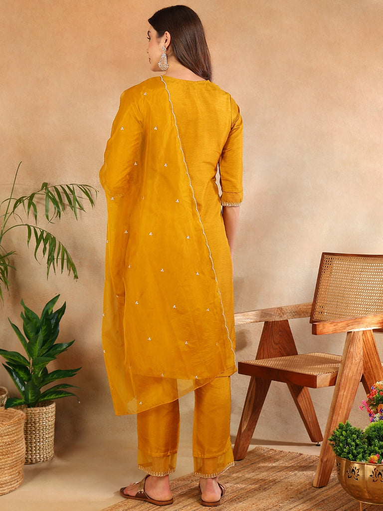 Women's Poly Silk Yoke Design Sequinned Kurta Pants With Dupatta