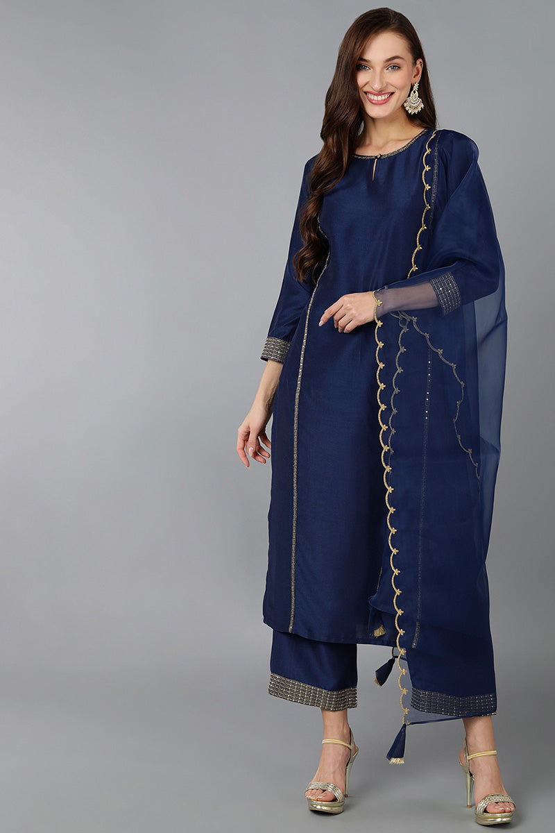Women's Silk Blend Embroidered Solid Kurta Pant With Dupatta -Ahika USA