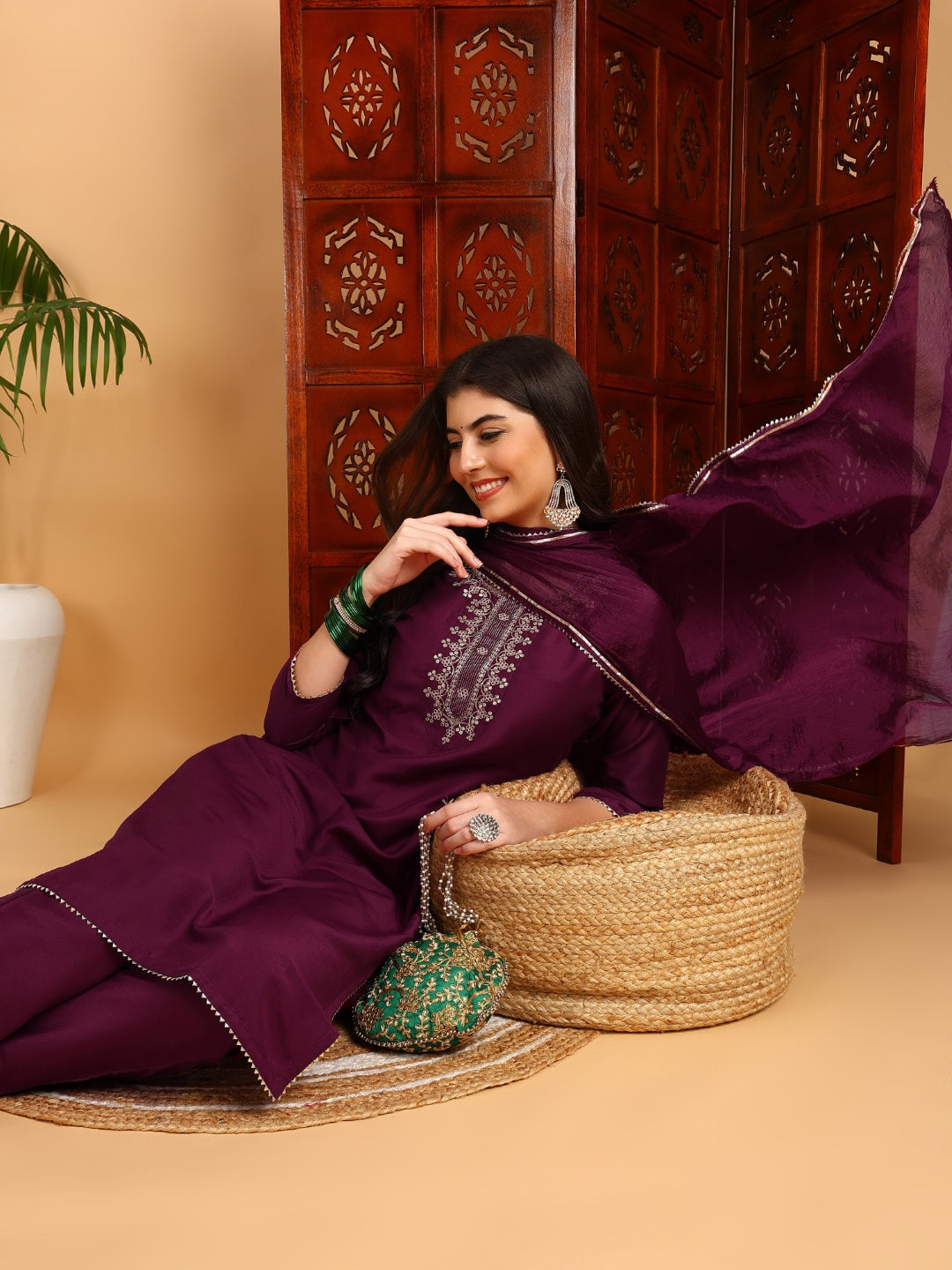 Women's Silk Blend Embroidered Kurta Pant With Dupatta - Ahika