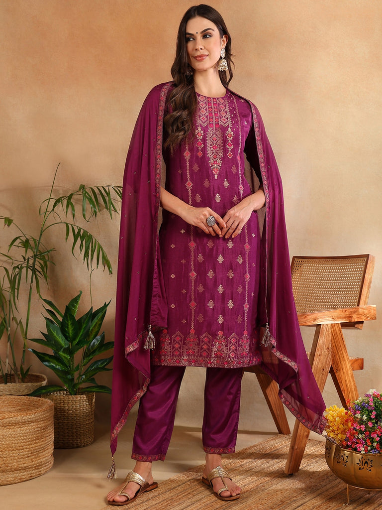Women's Silk Blend Maroon Embroidered Straight Kurta Pant With Dupatta