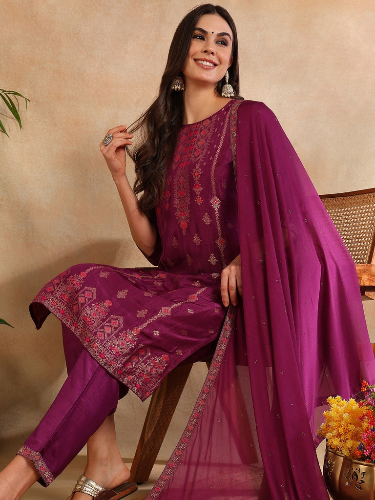 Women's Silk Blend Maroon Embroidered Straight Kurta Pant With Dupatta