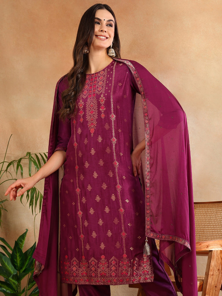 Women's Silk Blend Maroon Embroidered Straight Kurta Pant With Dupatta