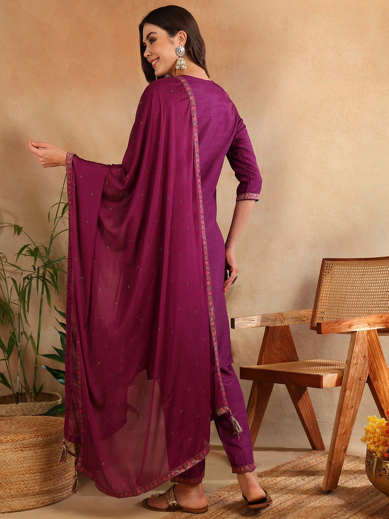 Women's Silk Blend Maroon Embroidered Straight Kurta Pant With Dupatta
