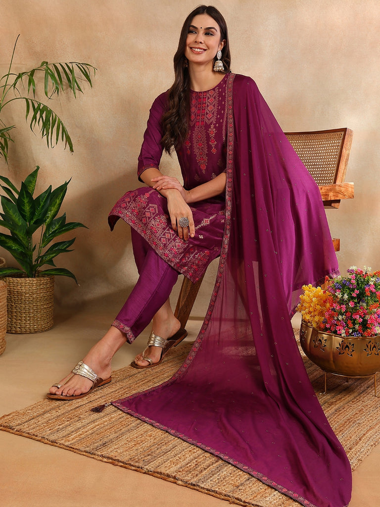 Women's Silk Blend Maroon Embroidered Straight Kurta Pant With Dupatta