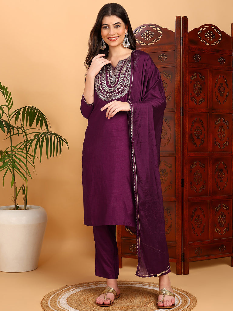 Women's Silk Blend Embroidered Kurta Pant With Dupatta