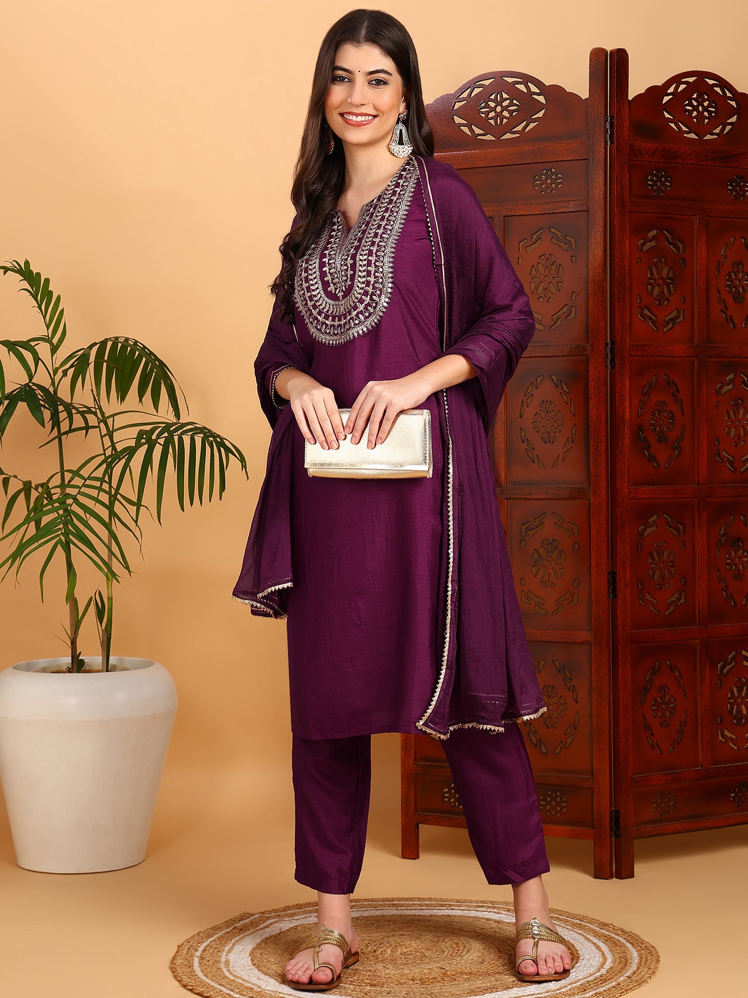 Women's Silk Blend Embroidered Kurta Pant With Dupatta - Ahika