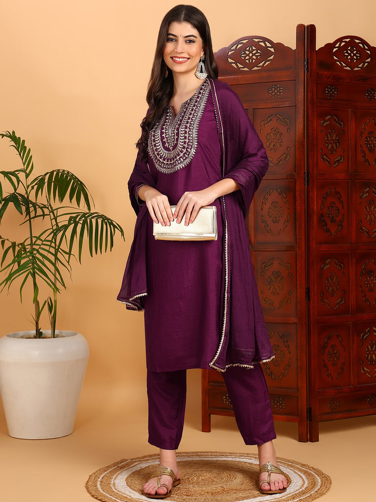 Women's Silk Blend Embroidered Kurta Pant With Dupatta