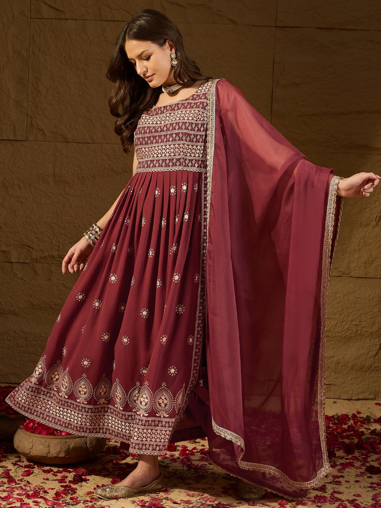 Women's Rust Poly Georgette Solid Embroidered Straight Kurta Pant With Dupatta