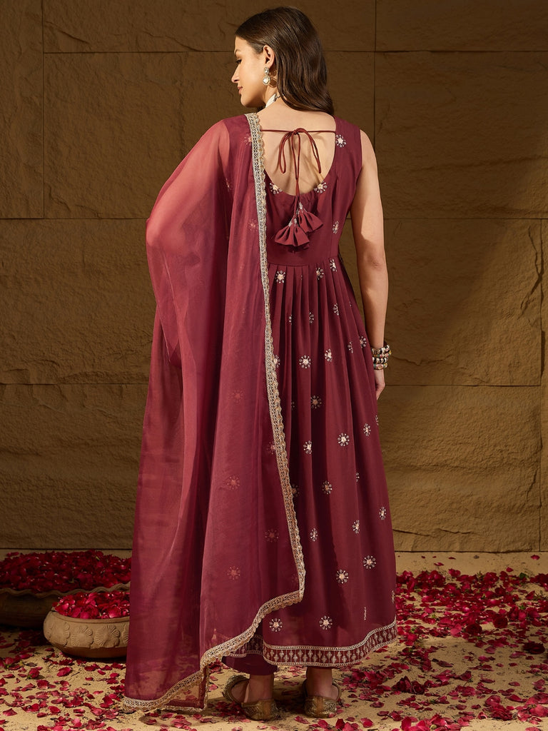 Women's Rust Poly Georgette Solid Embroidered Straight Kurta Pant With Dupatta