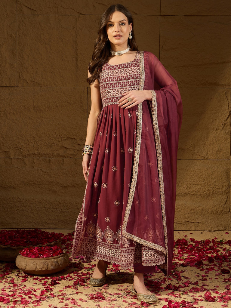 Women's Rust Poly Georgette Solid Embroidered Straight Kurta Pant With Dupatta